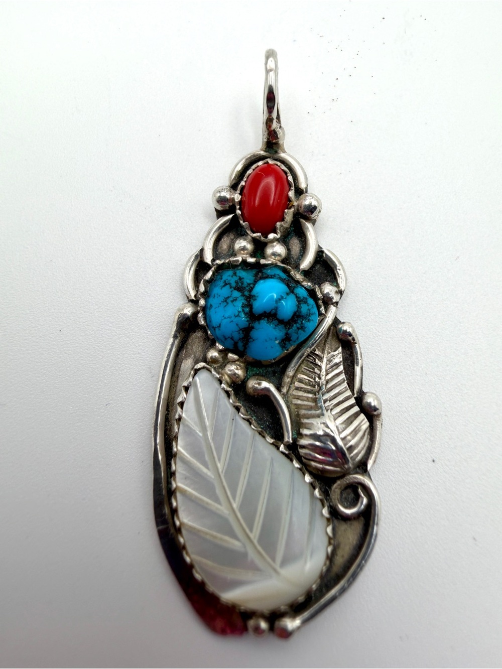 Arthur Williams Native Sterling Pendant Turquoise Coral MOP Feather Signed Dine